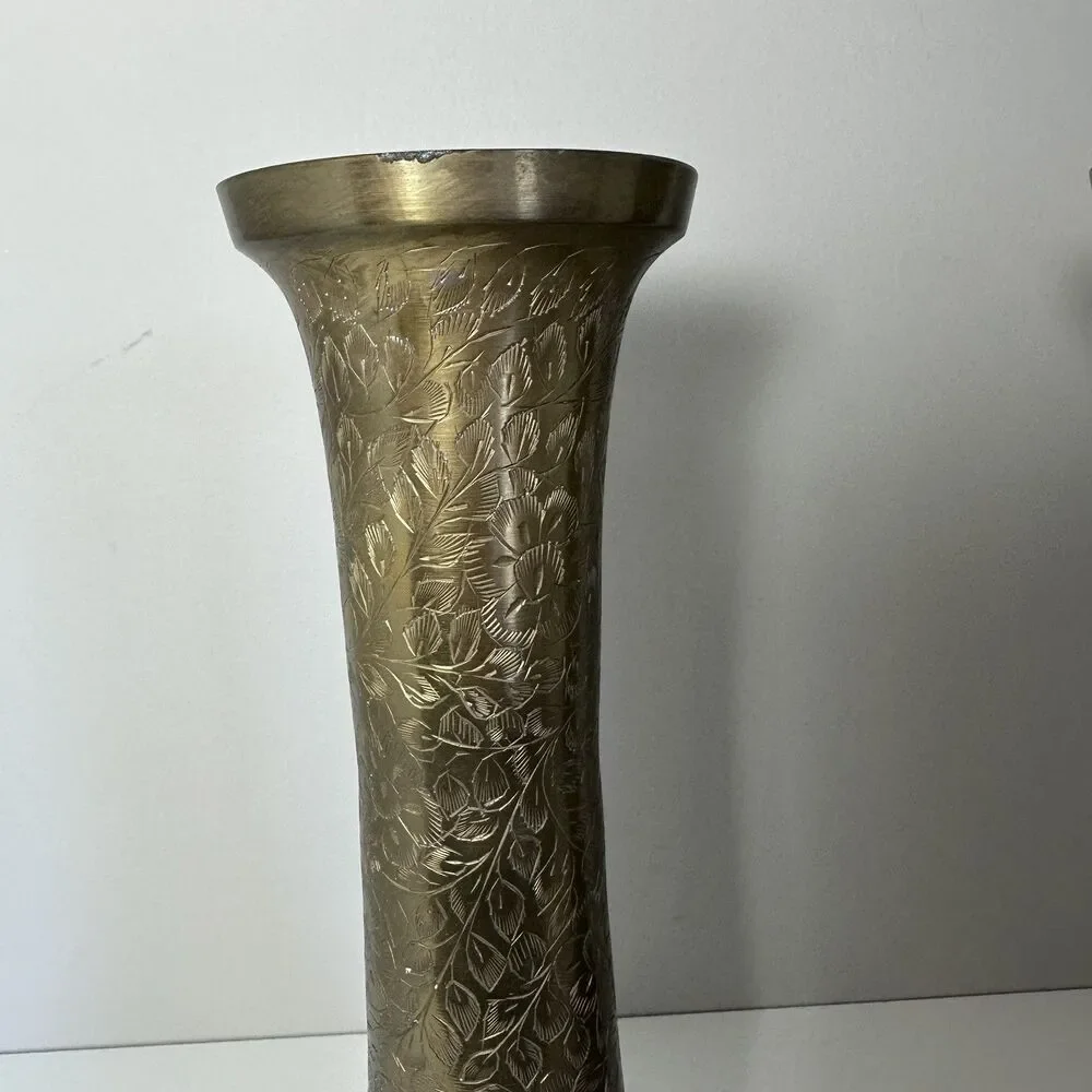 Vintage Pair Etched Brass Vases 11.5” Floral Engraved Made in India Boho Decor